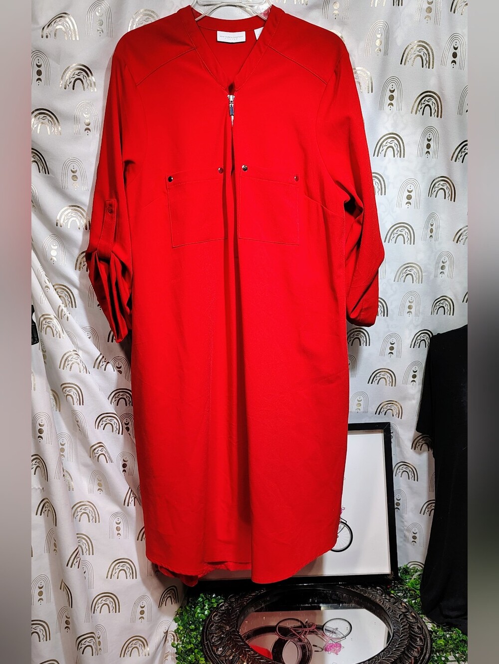 New York & Company Bright Red Zip-Front Shirt Dress